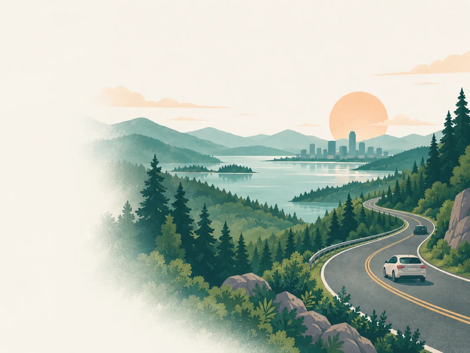 A winding road through evergreen hills toward a lake and distant city